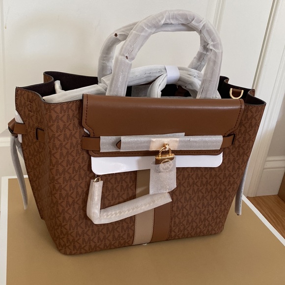 NWT-MICHAEL MICHAEL KORS Hamilton Legacy Large Logo Stripe Belted Satchel - Picture 11 of 15